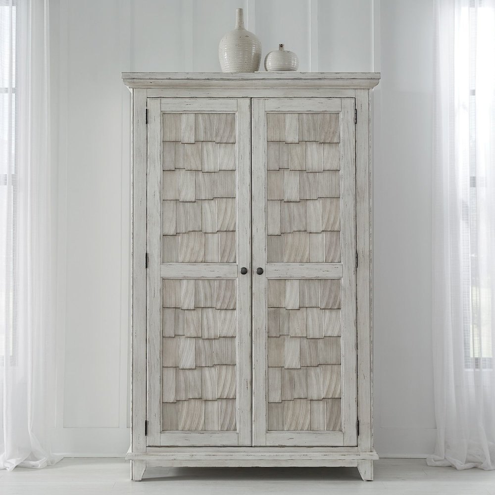 River Place Bedroom Armoire Cottage Shingle Accents - Riverstone White & Tobacco