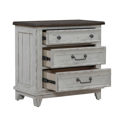 3 Drawer  Nightstand with AC USB Charging Station Cottage , White & Tobacco Wood