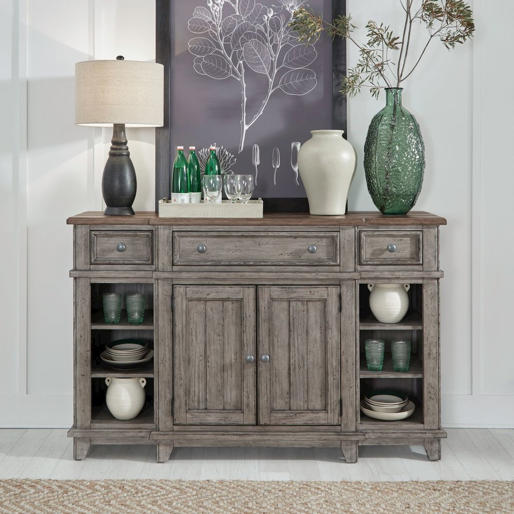 River Place Breakfront Server - Riverstone Gray & Tobacco Wood