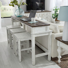 4 Piece Set - Console Bar Table, 3 Stools - Riverstone White & Tobacco