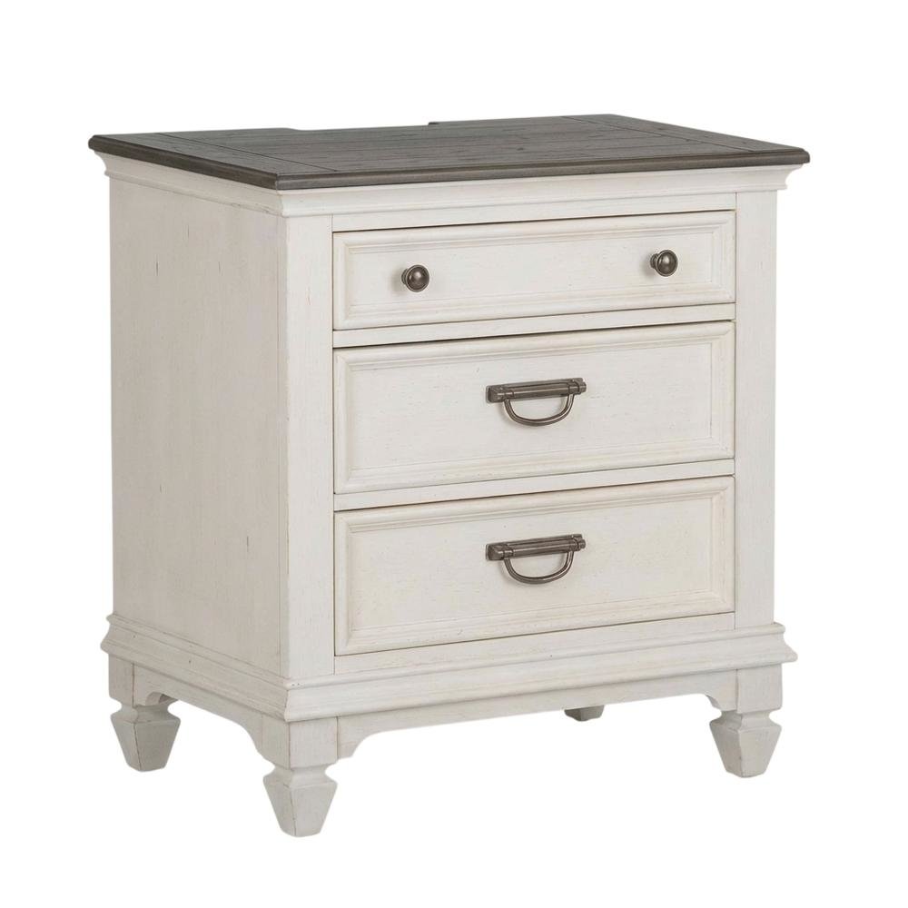 White Nightstand with Charging Station and Wirebrushed Finish