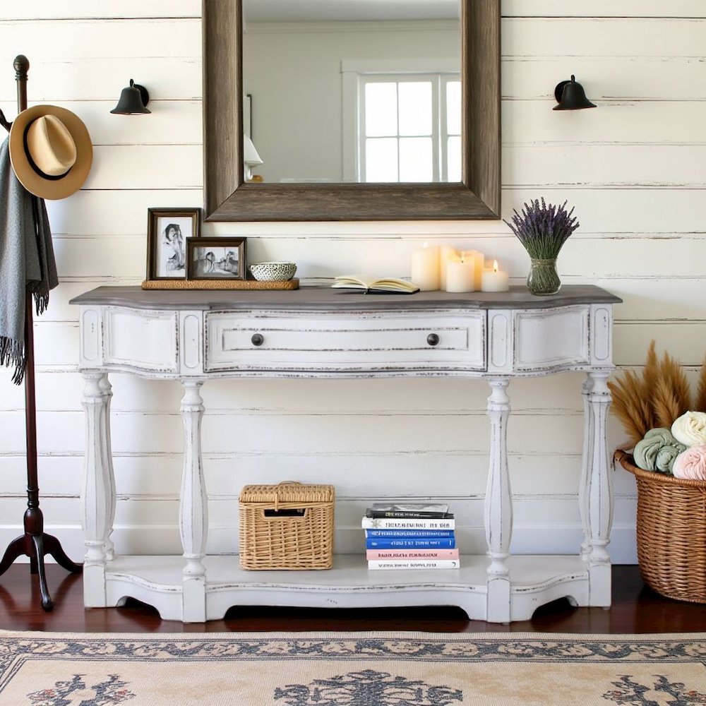 Antique White Console Table with Drawer and Bottom Shelf for Hallway