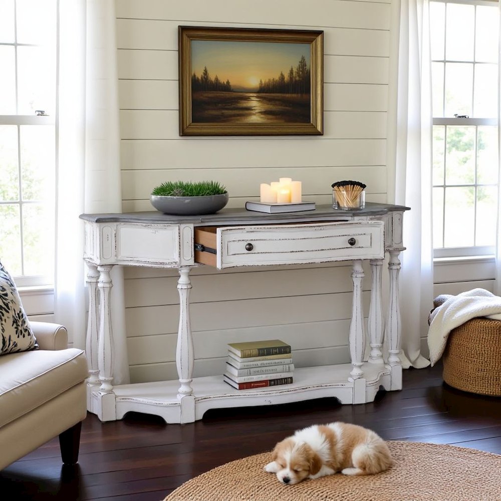 Antique White Console Table with Drawer and Bottom Shelf for Hallway