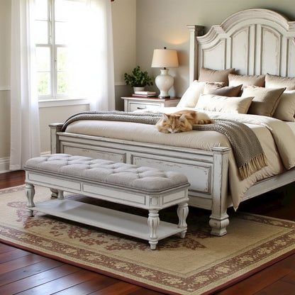 White Antique Bedroom Bench With Storage Shelf, End of Bed Accent Seat