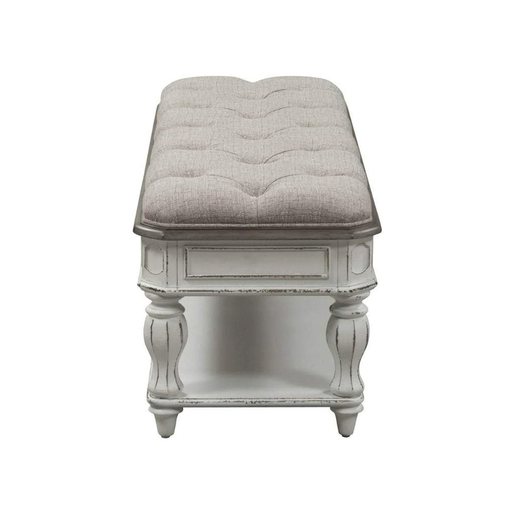 White Antique Bedroom Bench With Storage Shelf, End of Bed Accent Seat