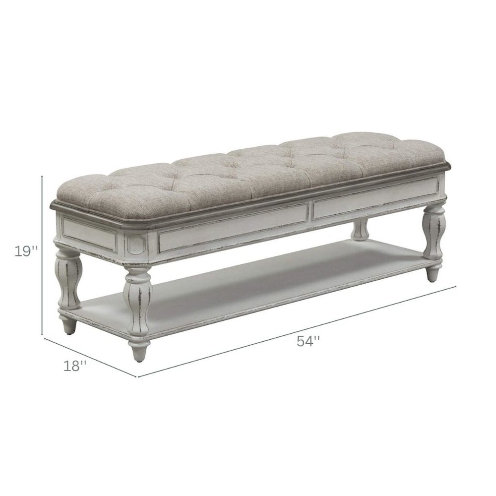 White Antique Bedroom Bench With Storage Shelf, End of Bed Accent Seat