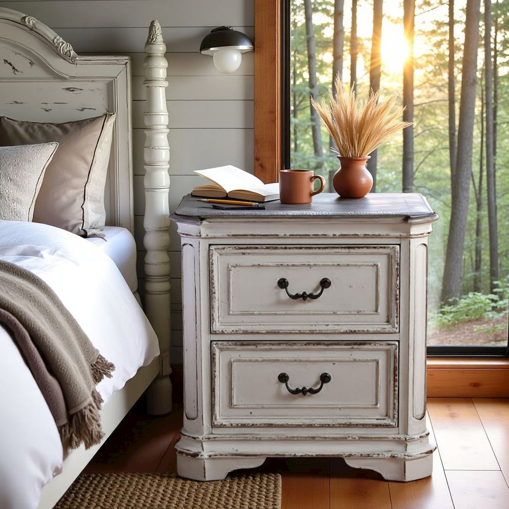 Antique White Nightstand with 2 Drawers, Vintage Bedroom Accent Piece
