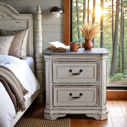 Antique White Nightstand with 2 Drawers, Vintage Bedroom Accent Piece