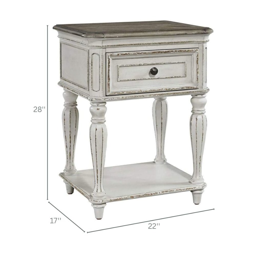 Antique White Nightstand with Drawer and Bottom Shelf, Rustic Accent Table