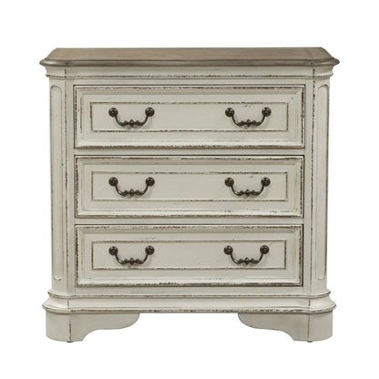 Magnolia Manor 3 Drawer Bedside Chest w/ Charging Station in Antique White