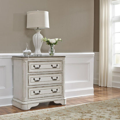 Magnolia Manor 3 Drawer Bedside Chest w/ Charging Station in Antique White