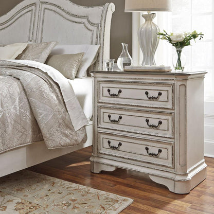 Magnolia Manor 3 Drawer Bedside Chest w/ Charging Station in Antique White
