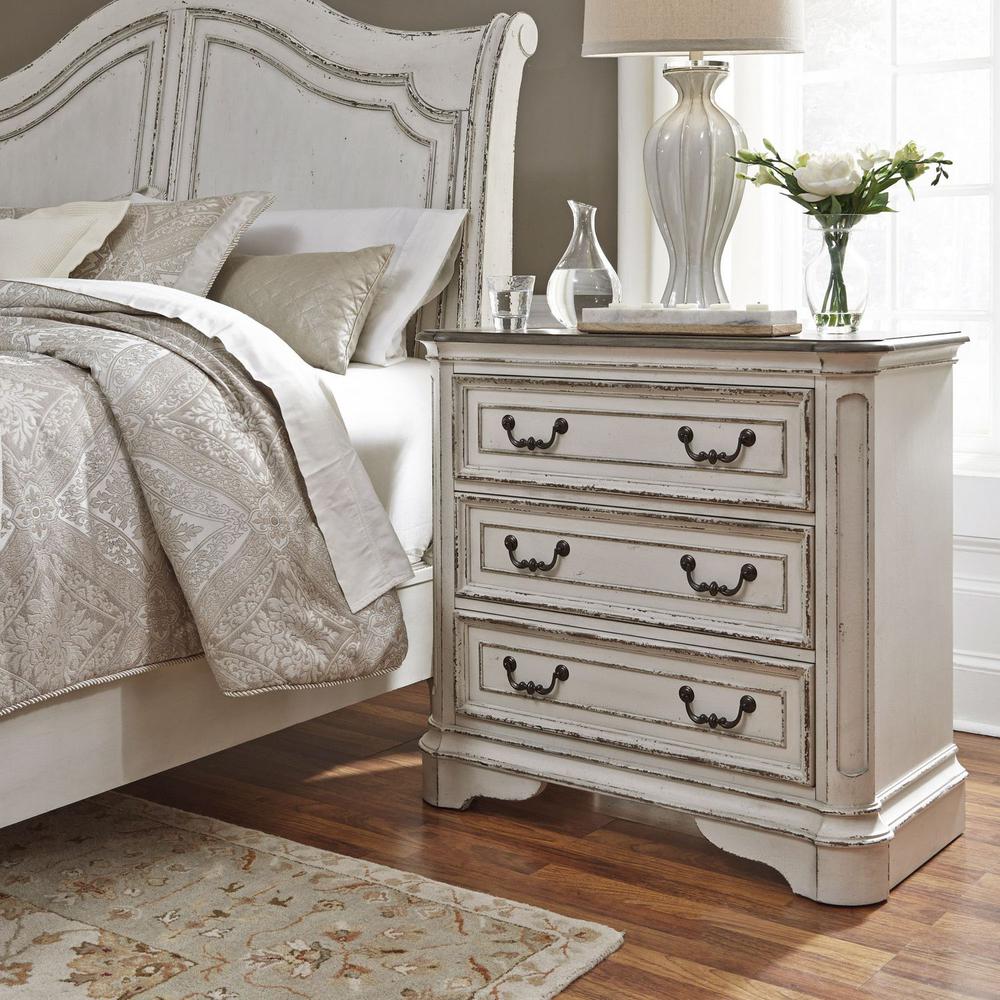 Magnolia Manor 3 Drawer Bedside Chest w/ Charging Station in Antique White