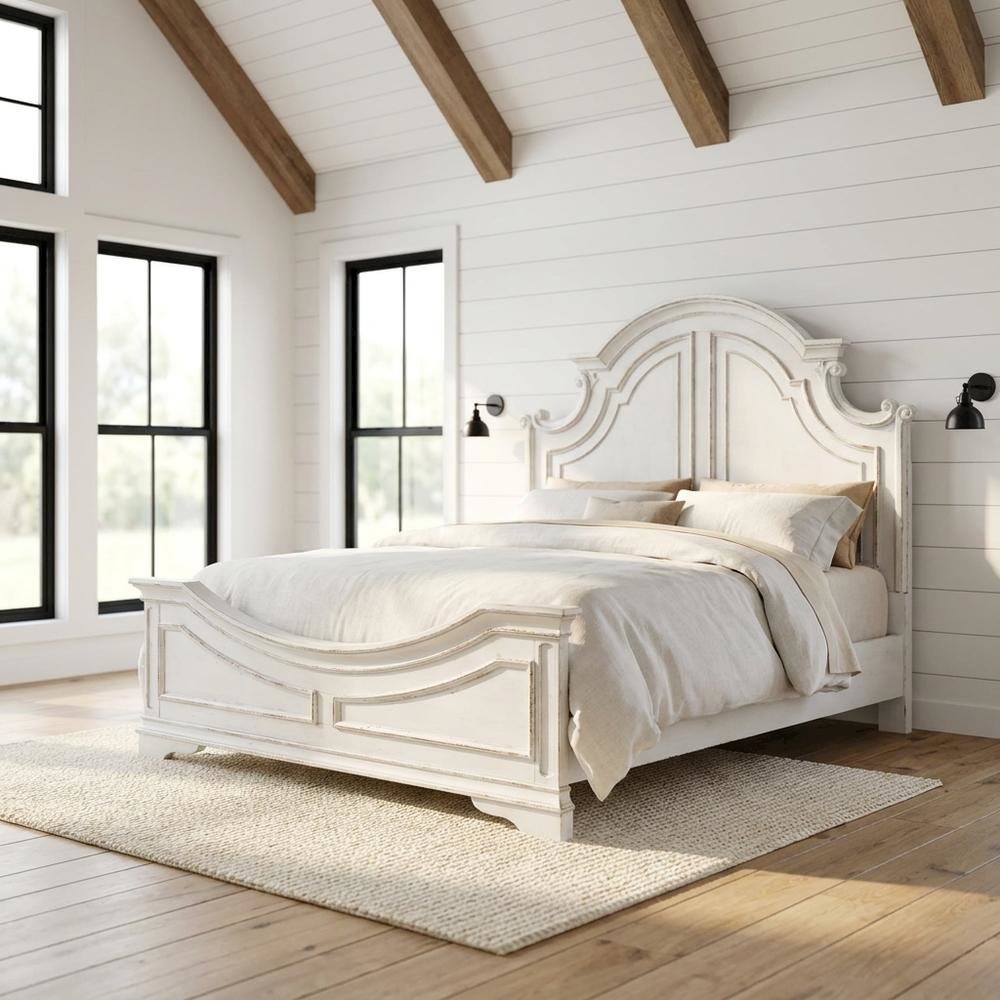 Solid Wood King Bed Frame and Headboard, European Traditional Panel Bed, White