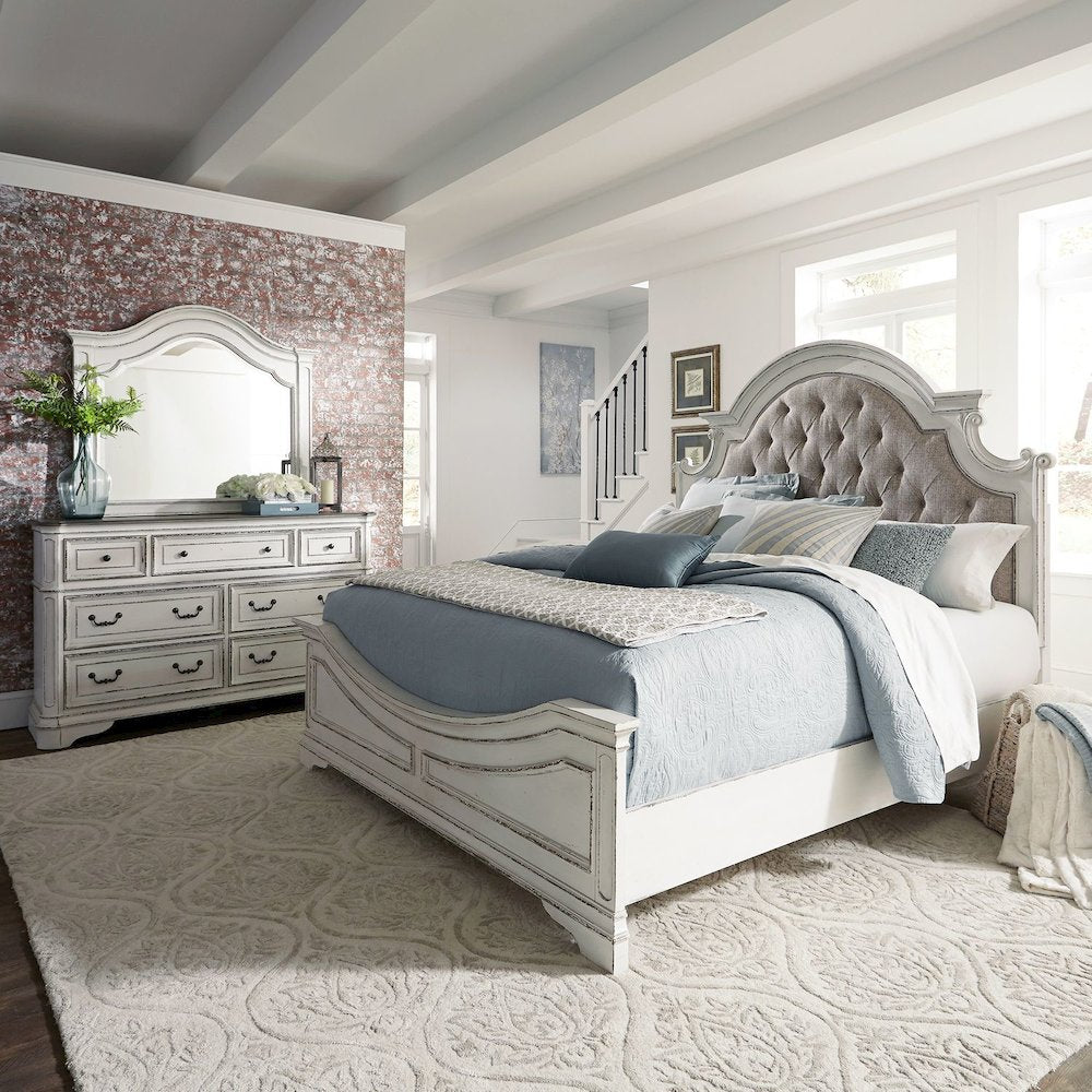 King Upholstered Bed, Dresser & Mirror - Antique White & Weathered Bark