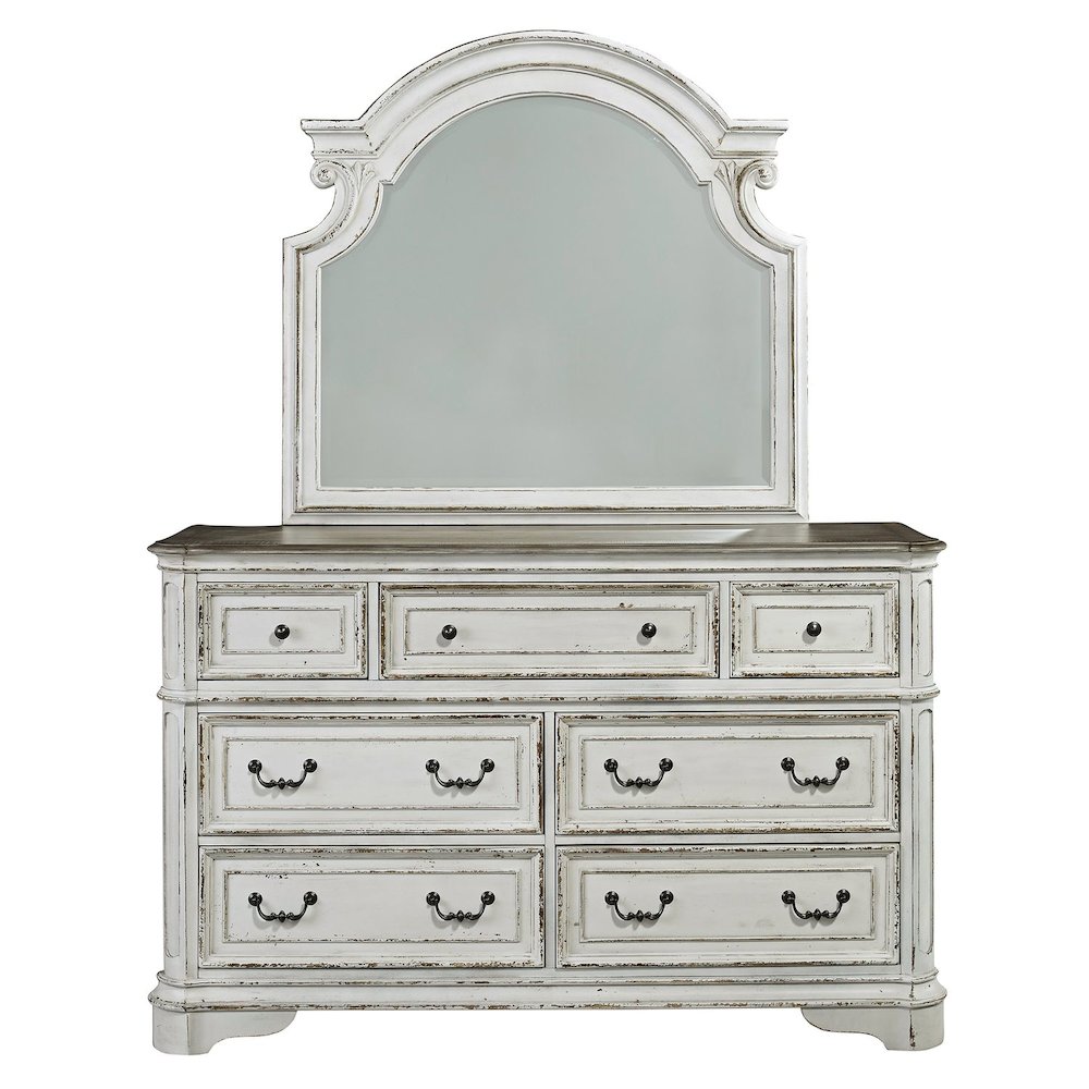 King Upholstered Bed, Dresser & Mirror - Antique White & Weathered Bark