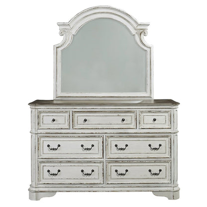 King Upholstered Bed, Dresser & Mirror - Antique White & Weathered Bark