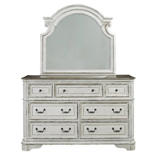 King Upholstered Bed, Dresser & Mirror - Antique White & Weathered Bark