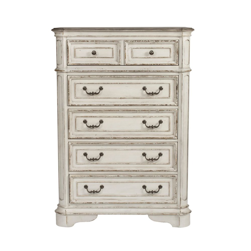 King Upholstered Bed, Dresser & Mirror - Antique White & Weathered Bark