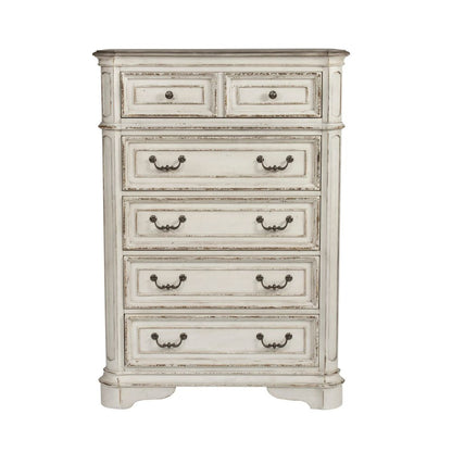 King Upholstered Bed, Dresser & Mirror - Antique White & Weathered Bark