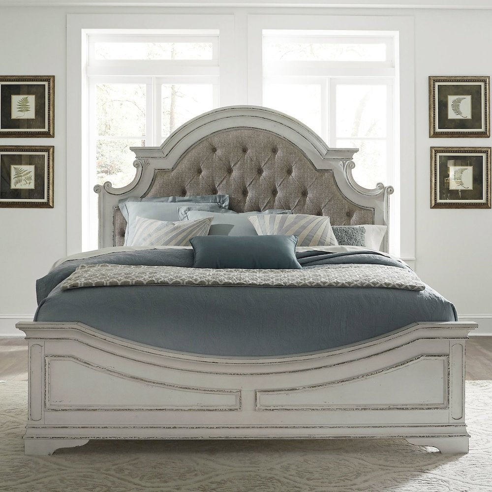 King Upholstered Bed, Dresser & Mirror - Antique White & Weathered Bark