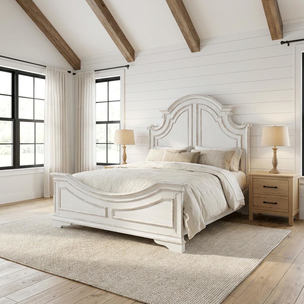 Solid Wood Queen Panel Bed with Tall Headboard, European Traditional, White