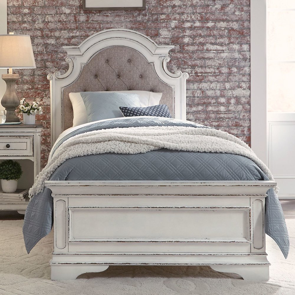 Magnolia Manor Twin Upholstered Bed - Antique White & Weathered Bark