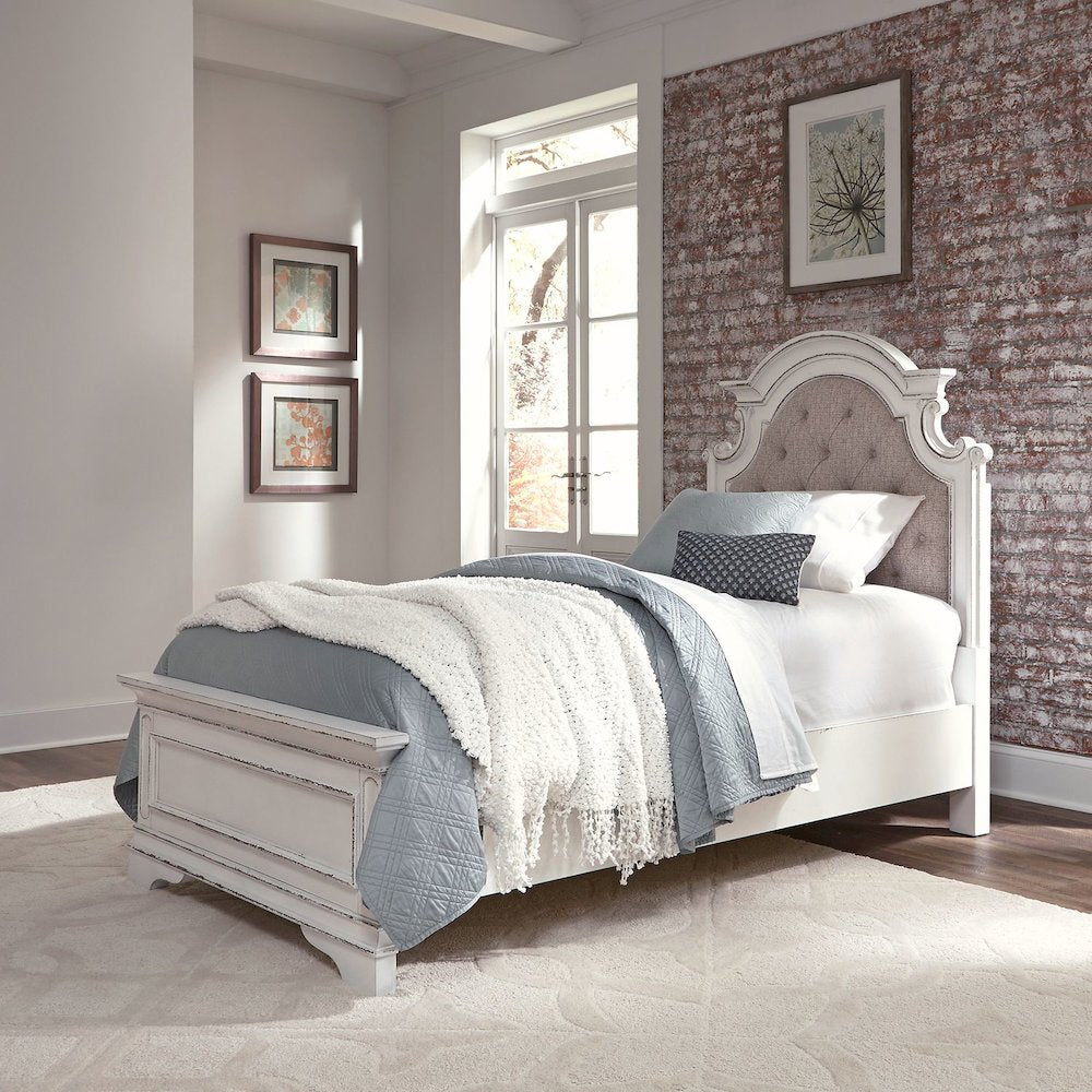 Magnolia Manor Twin Upholstered Bed - Antique White & Weathered Bark