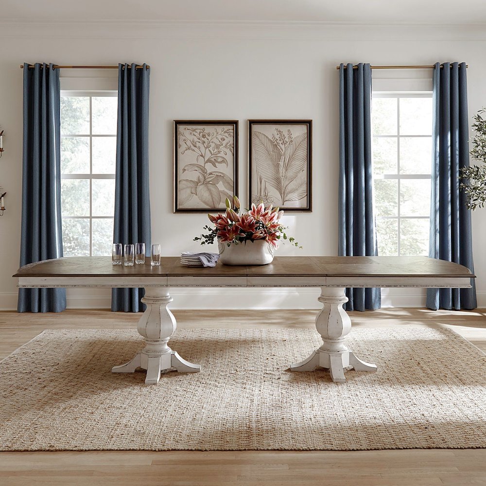 Magnolia Manor Large Double Pedestal Table with Two 20" Leaves - Antique White