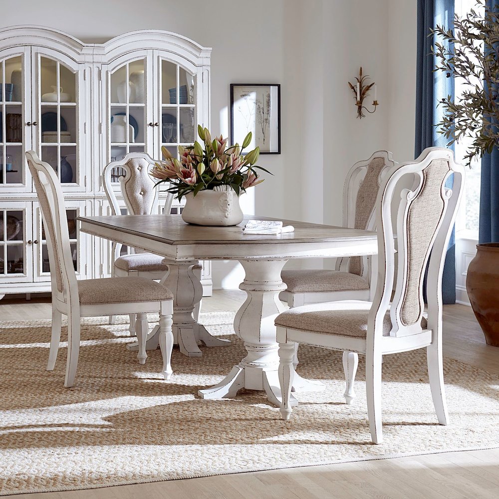 Magnolia Manor Opt 5 Piece Double Pedestal Table Set - 4 Upholstered Side