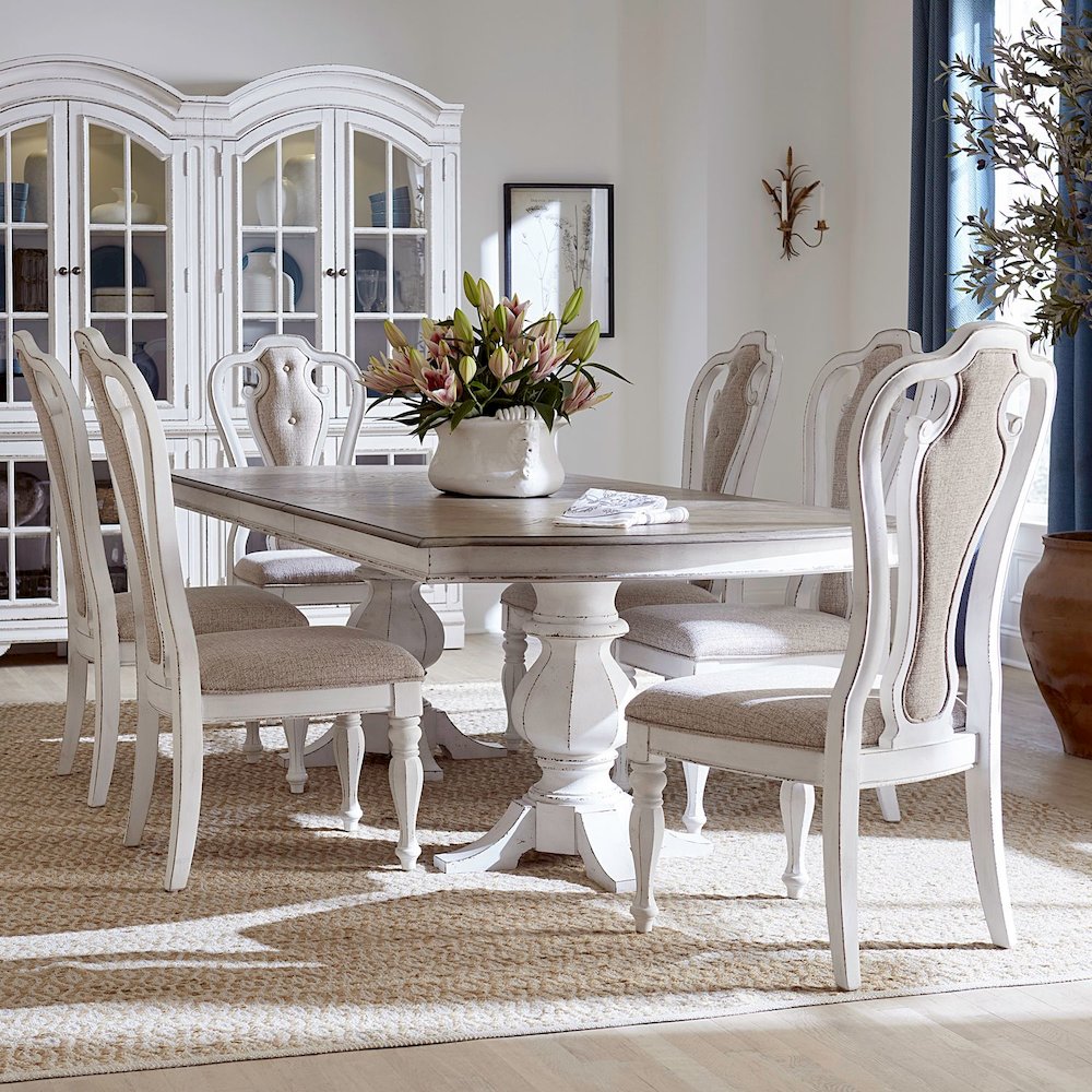 Magnolia Manor Opt 7 Piece Double Pedestal Table Set - 4 Upholstered Side