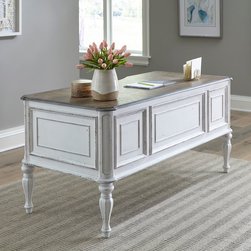 Writing Desk with 5 Drawers European Home Office - Antique White & Bark Oak Wood