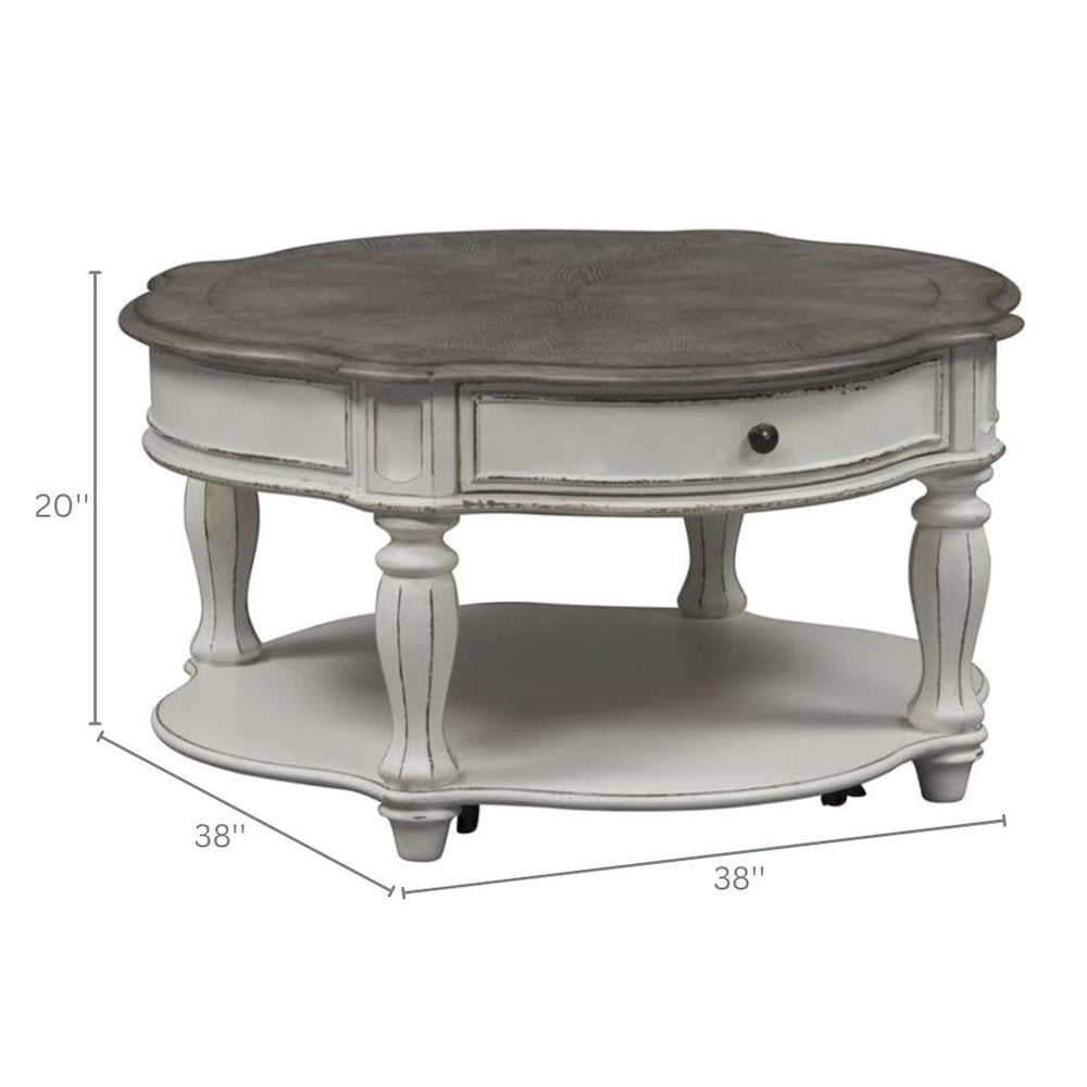 Antique Oval Coffee Table with Drawer And Bottom Shelf in White Finish