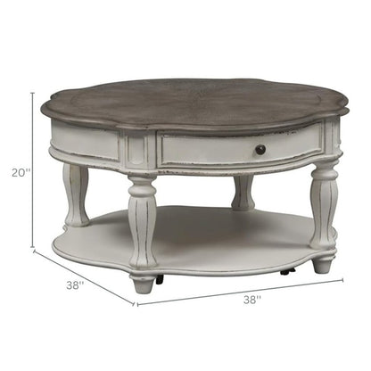 Antique Oval Coffee Table with Drawer And Bottom Shelf in White Finish