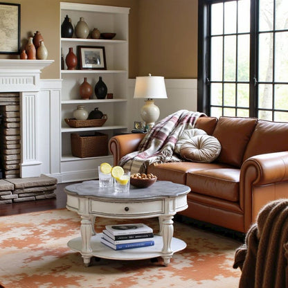 Antique Oval Coffee Table with Drawer And Bottom Shelf in White Finish