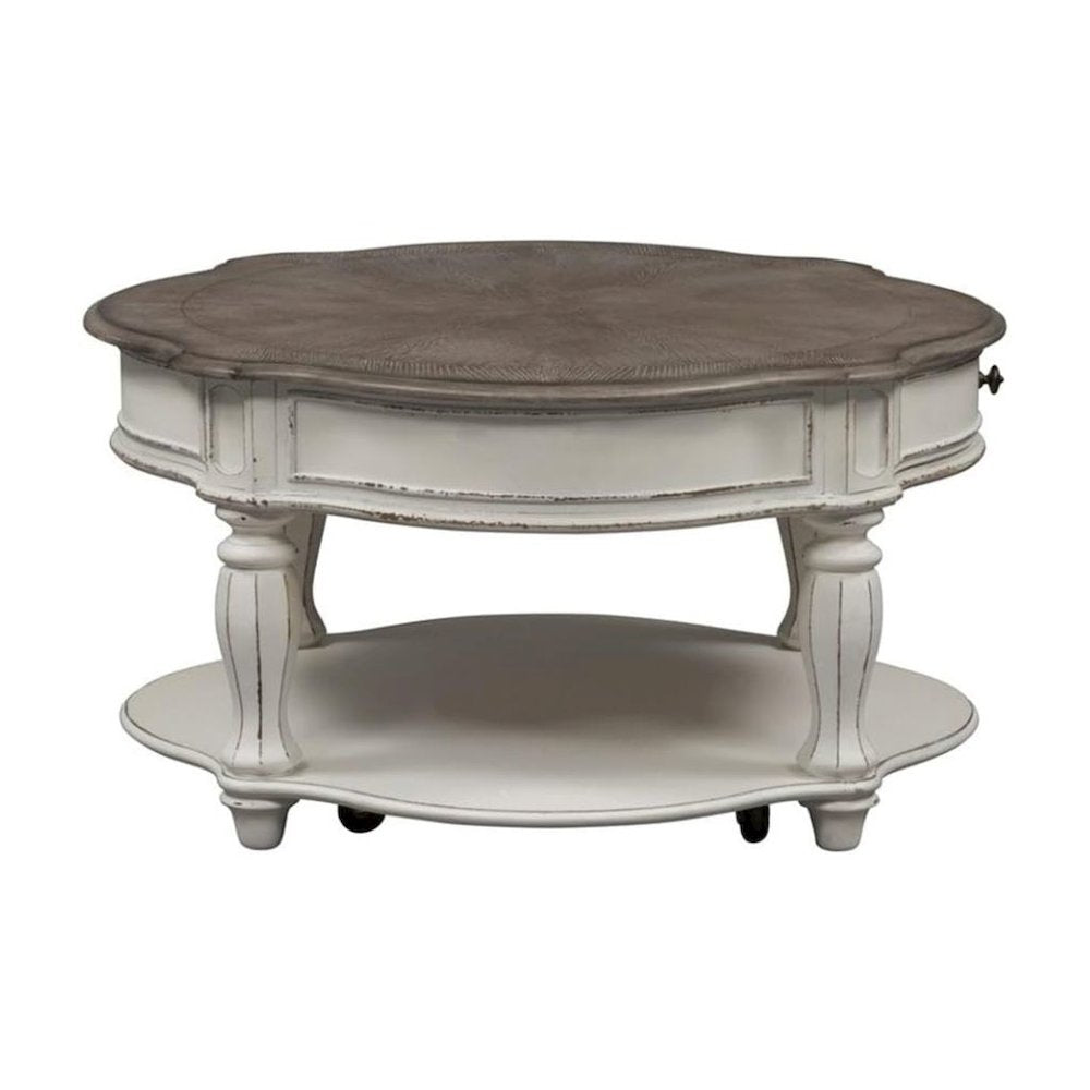 Antique Oval Coffee Table with Drawer And Bottom Shelf in White Finish
