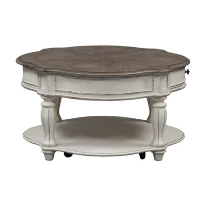Antique Oval Coffee Table with Drawer And Bottom Shelf in White Finish