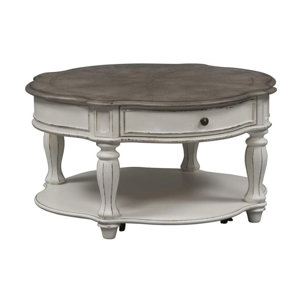 Antique Oval Coffee Table with Drawer And Bottom Shelf in White Finish
