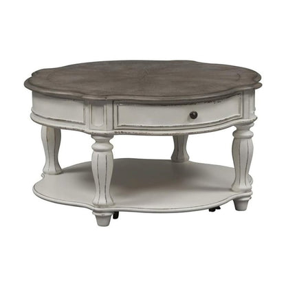 Antique Oval Coffee Table with Drawer And Bottom Shelf in White Finish