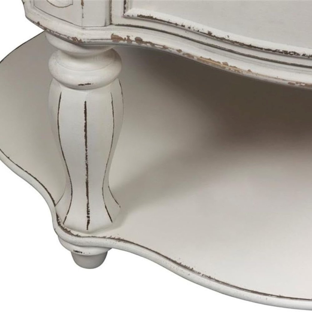 Antique Oval Coffee Table with Drawer And Bottom Shelf in White Finish