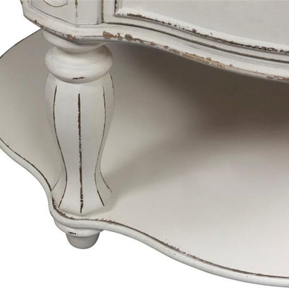 Antique Oval Coffee Table with Drawer And Bottom Shelf in White Finish