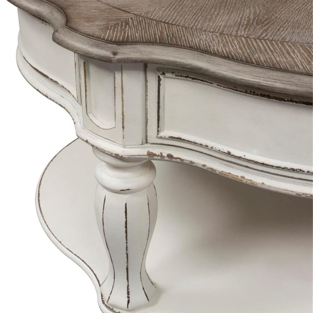 Antique Oval Coffee Table with Drawer And Bottom Shelf in White Finish