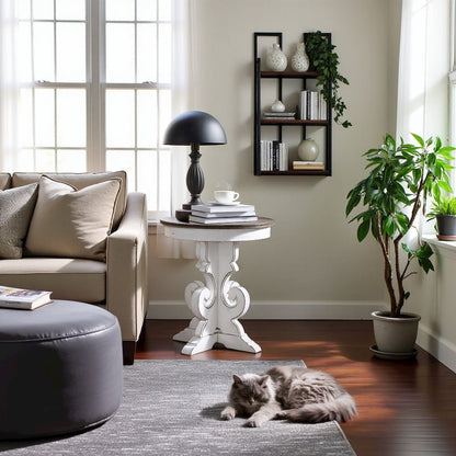 Antique White Round Side Table Accent Piece for Rustic Living Rooms