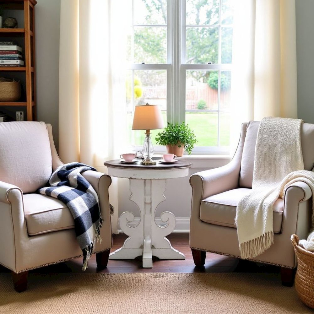 Antique White Round Side Table Accent Piece for Rustic Living Rooms