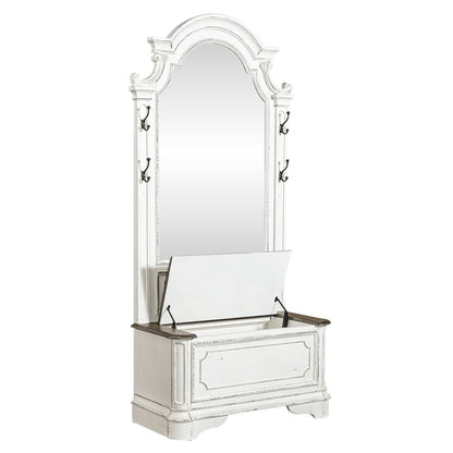 2 Pc Hall Tree Set with Arched Mirror & Lift Top Bench, White & Weathered Bark