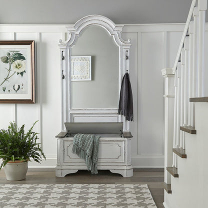 2 Pc Hall Tree Set with Arched Mirror & Lift Top Bench, White & Weathered Bark