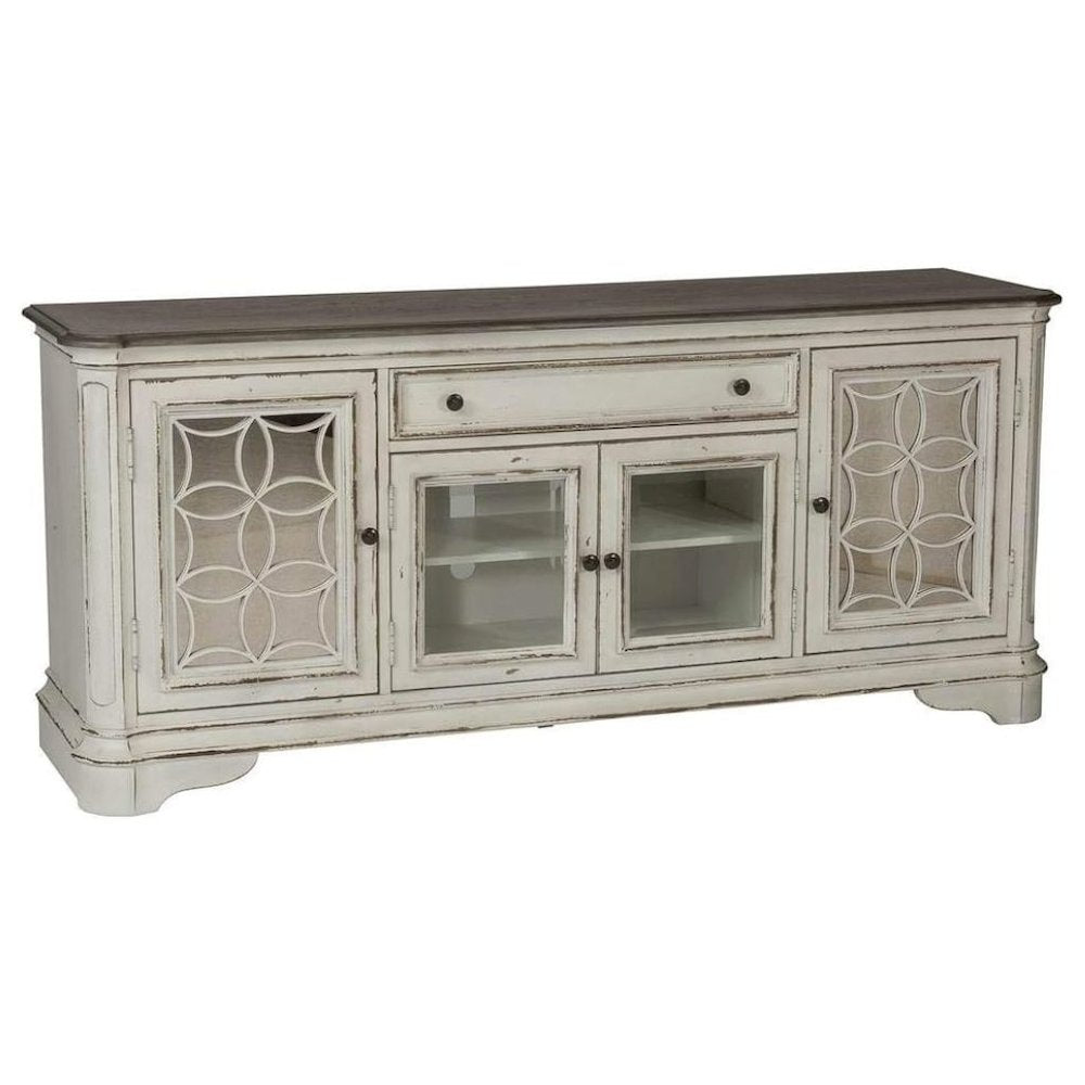Antique White TV Console with Drawer and 4 Cabinets for Rustic Decor Use