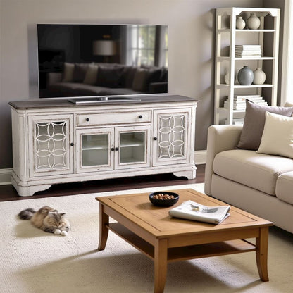 Antique White TV Console with Drawer and 4 Cabinets for Rustic Decor Use