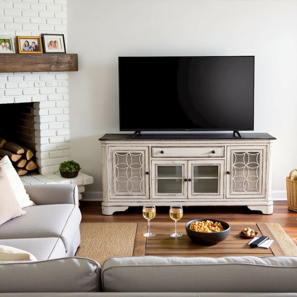 Antique White TV Console with Drawer and 4 Cabinets for Rustic Decor Use