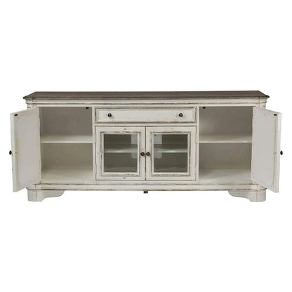 Antique White TV Console with Drawer and 4 Cabinets for Rustic Decor Use
